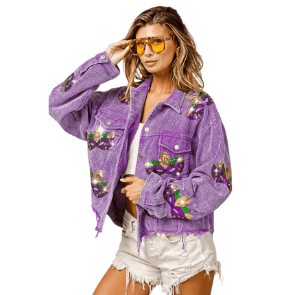 Mardi Gras Sequin Patches Washed Corduroy Jacket Vintage Violet - Mardi Gras Apparel - Adult, Bibi, Bibi Top Chart - Sequin Jacket