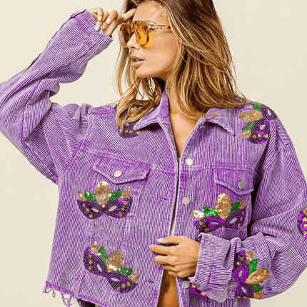 Mardi Gras Sequin Patches Washed Corduroy Jacket Vintage Violet - Mardi Gras Apparel - Adult, Bibi, Bibi Top Chart - Sequin Jacket