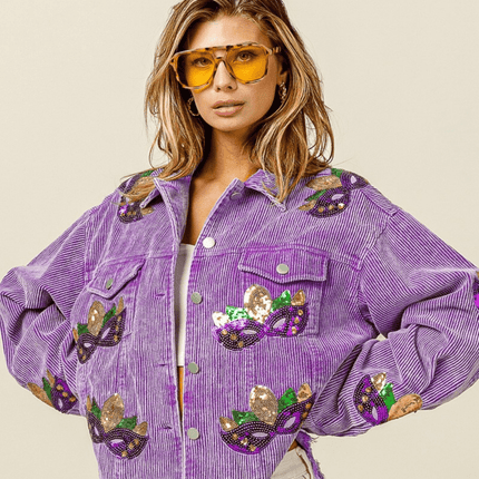 Mardi Gras Sequin Patches Washed Corduroy Jacket Vintage Violet - Mardi Gras Apparel - Adult, Bibi, Bibi Top Chart - Sequin Jacket