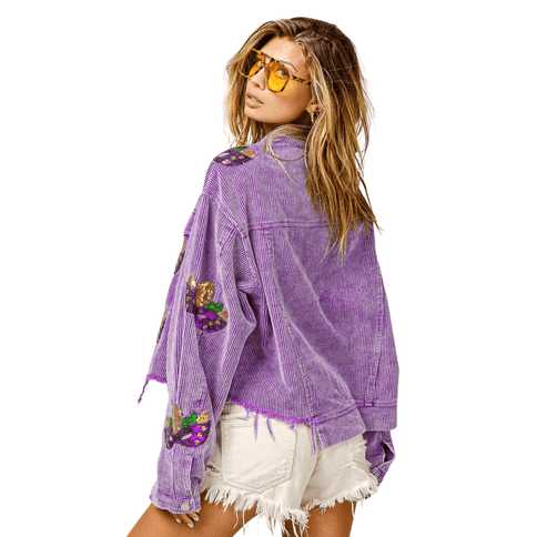Mardi Gras Sequin Patches Washed Corduroy Jacket Vintage Violet - Mardi Gras Apparel - Adult, Bibi, Bibi Top Chart - Sequin Jacket