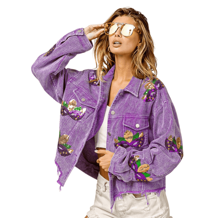 Mardi Gras Sequin Patches Washed Corduroy Jacket Vintage Violet - Mardi Gras Apparel - Adult, Bibi, Bibi Top Chart - Sequin Jacket