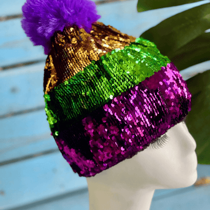 Mardi Gras Sequin Pom Beanie Hat - Mardi Gras Apparel - Accessories, Adult, beanie - Beanie