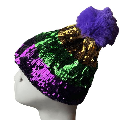 Mardi Gras Sequin Pom Beanie Hat - Mardi Gras Apparel - Accessories, Adult, beanie - Beanie