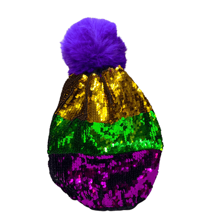 Mardi Gras Sequin Pom Beanie Hat - Mardi Gras Apparel - Accessories, Adult, beanie - Beanie