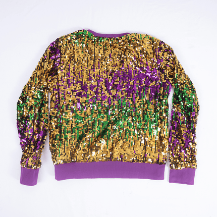 Mardi Gras Sequin Pullover Sweatshirt - Mardi Gras Apparel - Adult, Gold, Green - Sequin Tops