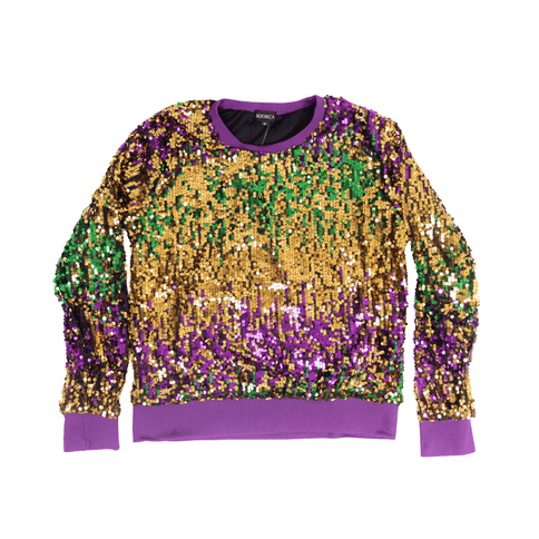 Mardi Gras Sequin Pullover Sweatshirt - Mardi Gras Apparel - Adult, Gold, Green - Sequin Tops