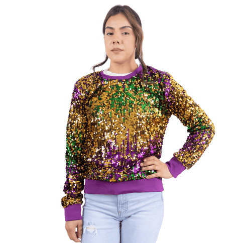 Mardi Gras Sequin Pullover Sweatshirt - Mardi Gras Apparel - Adult, Gold, Green - Sequin Tops