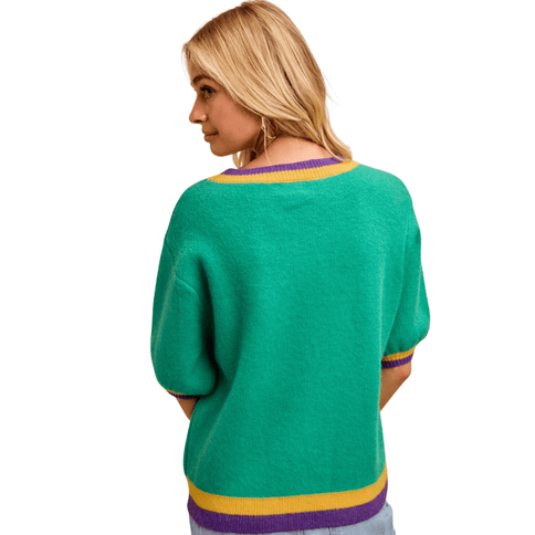 Mardi Gras Sequin Ribbon Patched Sweater Top Jade - Mardi Gras Apparel - Adult, Bibi, Bibi Top Chart - Sweaters