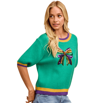 Mardi Gras Sequin Ribbon Patched Sweater Top Jade - Mardi Gras Apparel - Adult, Bibi, Bibi Top Chart - Sweaters