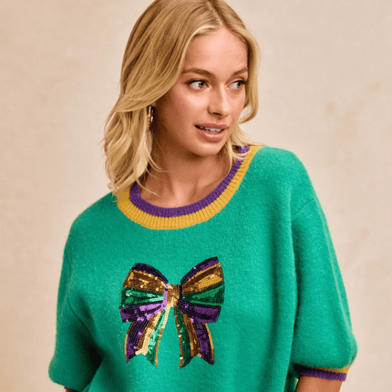 Mardi Gras Sequin Ribbon Patched Sweater Top Jade - Mardi Gras Apparel - Adult, Bibi, Bibi Top Chart - Sweaters