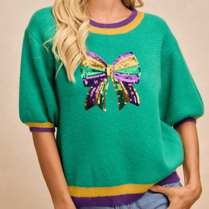 Mardi Gras Sequin Ribbon Patched Sweater Top Jade - Mardi Gras Apparel - Adult, Bibi, Bibi Top Chart - Sweaters