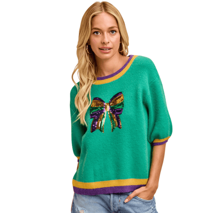 Mardi Gras Sequin Ribbon Patched Sweater Top Jade - Mardi Gras Apparel - Adult, Bibi, Bibi Top Chart - Sweaters