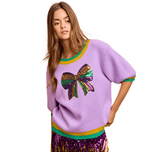Mardi Gras Sequin Ribbon Patched Sweater Top Lavender - Mardi Gras Apparel - Adult, Bibi, Bibi Top Chart - Sweaters