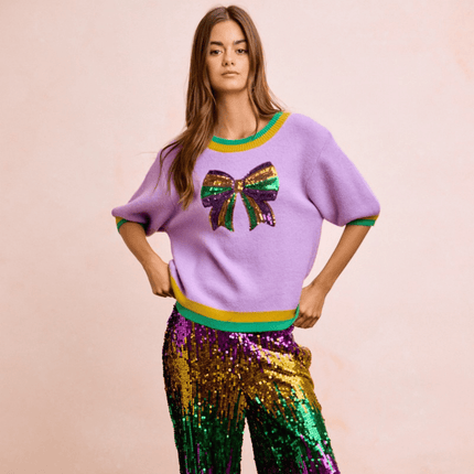 Mardi Gras Sequin Ribbon Patched Sweater Top Lavender - Mardi Gras Apparel - Adult, Bibi, Bibi Top Chart - Sweaters