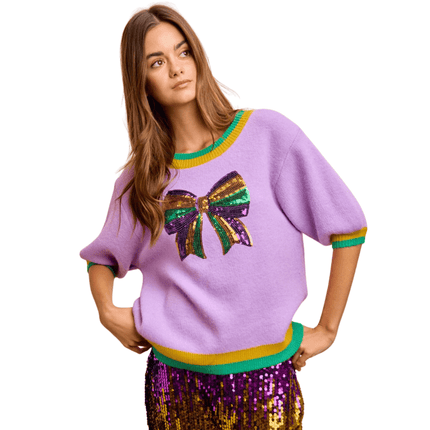 Mardi Gras Sequin Ribbon Patched Sweater Top Lavender - Mardi Gras Apparel - Adult, Bibi, Bibi Top Chart - Sweaters