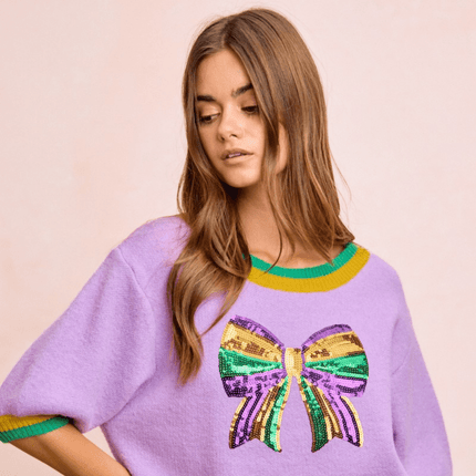 Mardi Gras Sequin Ribbon Patched Sweater Top Lavender - Mardi Gras Apparel - Adult, Bibi, Bibi Top Chart - Sweaters