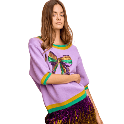 Mardi Gras Sequin Ribbon Patched Sweater Top Lavender - Mardi Gras Apparel - Adult, Bibi, Bibi Top Chart - Sweaters