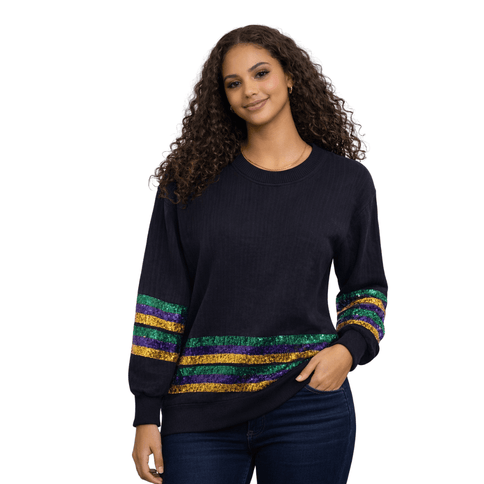 Mardi Gras Sequin Ruffle Sleeve Long Sleeve T-Shirt - Mardi Gras Apparel - Adult, curved bottom, Green - Tee - Shirt