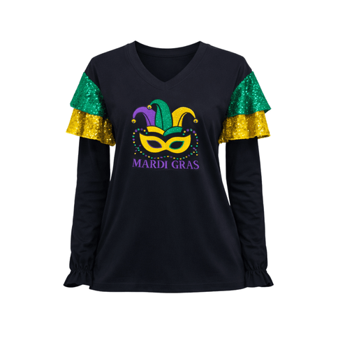 Mardi Gras Sequin Ruffle Sleeve Long Sleeve V - Neck T-Shirt - Mardi Gras Apparel - Adult, curved bottom, Green - Tee - Shirt