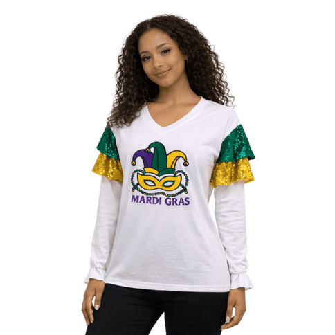 Mardi Gras Sequin Ruffle Sleeve Long Sleeve V - Neck T-Shirt - Mardi Gras Apparel - Adult, curved bottom, Green - Tee - Shirt