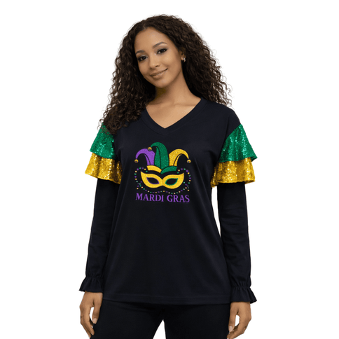 Mardi Gras Sequin Ruffle Sleeve Long Sleeve V - Neck T-Shirt - Mardi Gras Apparel - Adult, curved bottom, Green - Tee - Shirt