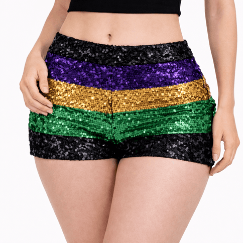 Mardi Gras Sequin Shorts Purple, Green & Gold High Waist Festival Shorts - Mardi Gras Apparel - Adult, apparel discount tier, Ladies - Shorts