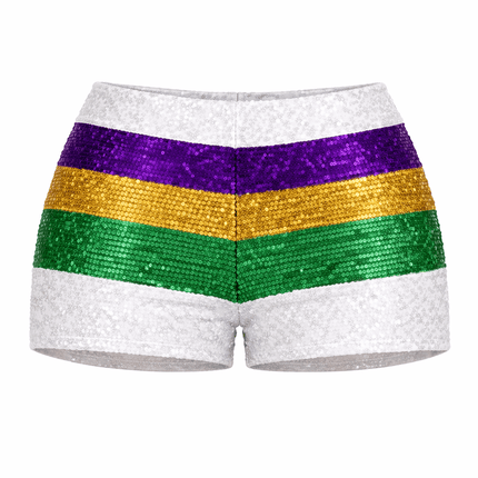 Mardi Gras Sequin Shorts Purple, Green & Gold High Waist Festival Shorts - Mardi Gras Apparel - Adult, apparel discount tier, Ladies - Shorts