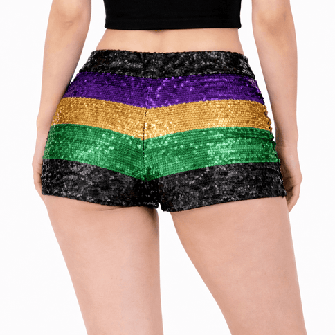 Mardi Gras Sequin Shorts Purple, Green & Gold High Waist Festival Shorts - Mardi Gras Apparel - Adult, apparel discount tier, Ladies - Shorts