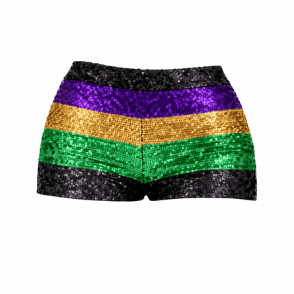 Mardi Gras Sequin Shorts Purple, Green & Gold High Waist Festival Shorts - Mardi Gras Apparel - Adult, apparel discount tier, Ladies - Shorts