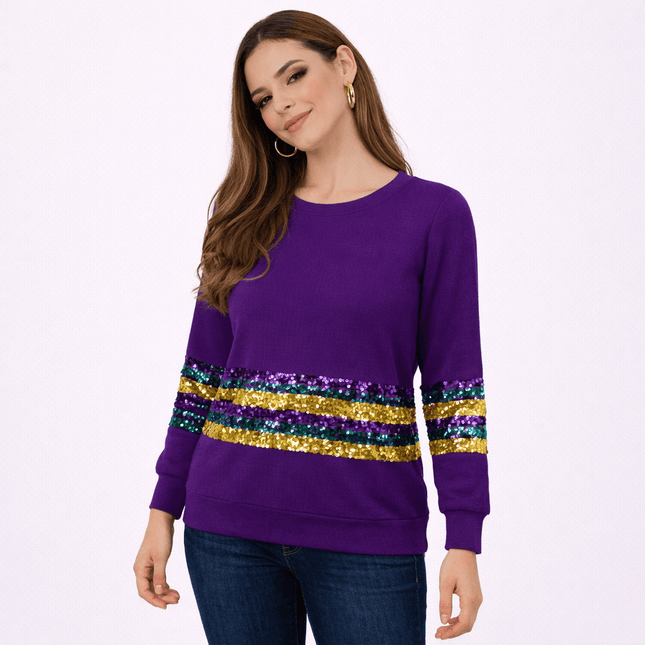 Mardi Gras Sequin Stripe Sweatshirt Purple, Green & Gold - Mardi Gras Apparel - Adult, apparel discount tier, Block Letters - Sweaters
