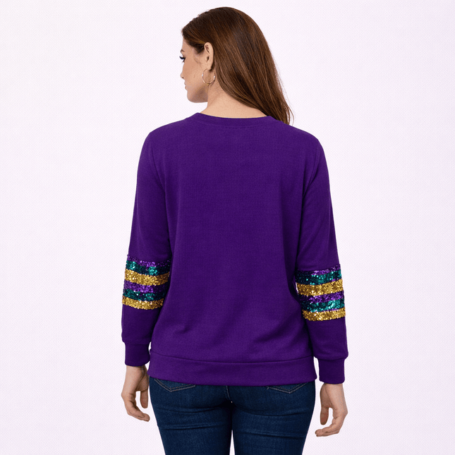 Mardi Gras Sequin Stripe Sweatshirt Purple, Green & Gold - Mardi Gras Apparel - Adult, apparel discount tier, Block Letters - Sweaters