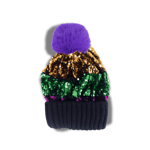 Mardi Gras Sequin Striped Knit Beanie with Pom - Pom – Black - Mardi Gras Apparel - Accessories, Adult, Black - Hats