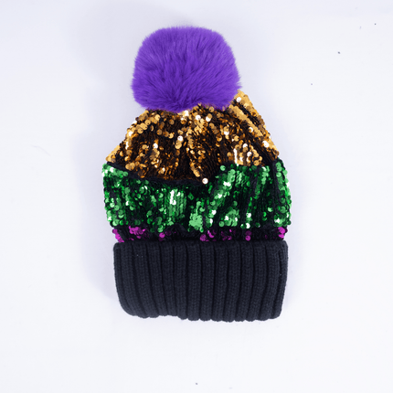 Mardi Gras Sequin Striped Knit Beanie with Pom - Pom – Black - Mardi Gras Apparel - Accessories, Adult, Black - Hats