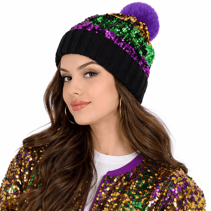Mardi Gras Sequin Striped Knit Beanie with Pom - Pom – Black - Mardi Gras Apparel - Accessories, accessory discount tier, Adult - Beanie