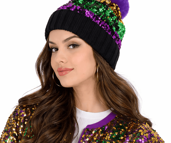 Mardi Gras Sequin Striped Knit Beanie with Pom-Pom – Black  display picture 3