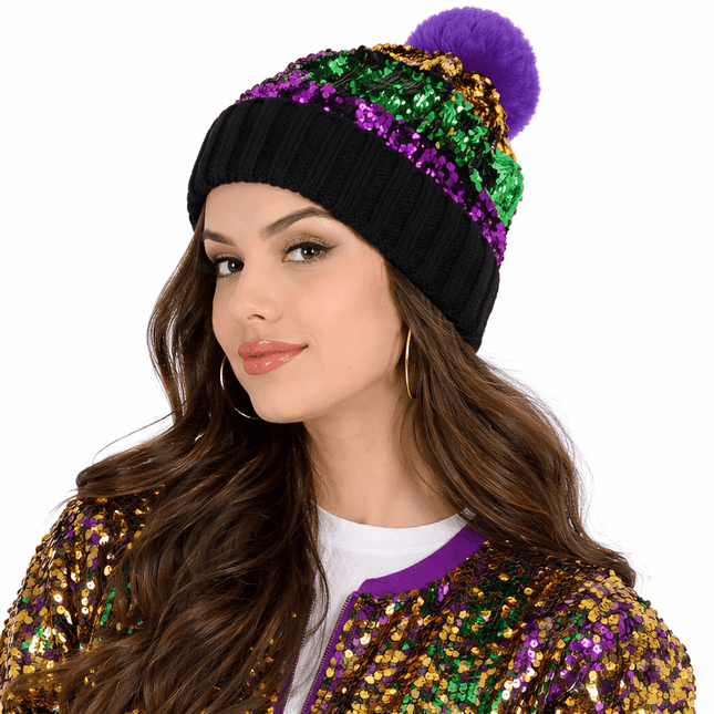 Mardi Gras Sequin Striped Knit Beanie with Pom-Pom – Black  display picture 1