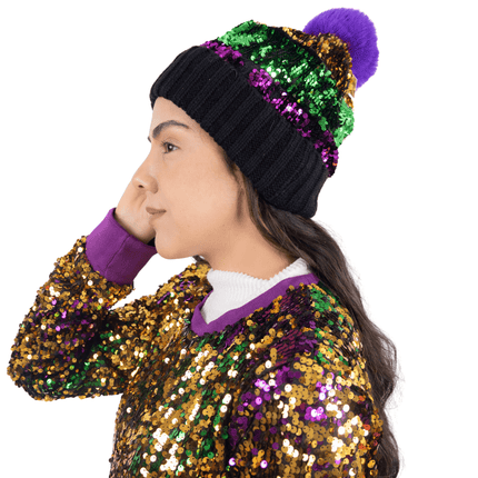 Mardi Gras Sequin Striped Knit Beanie with Pom - Pom – Black - Mardi Gras Apparel - Accessories, Adult, Black - Hats