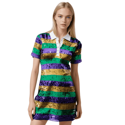 Mardi Gras Sequin Striped Polo Dress - Mardi Gras Apparel - Adult, Dress, Ladies - Dress