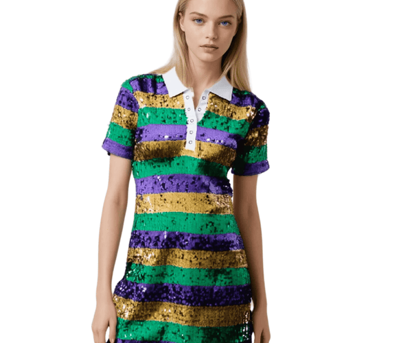striped sequin shirt dress Blue Tassel Sequin Stripe Mini Shirt Dress