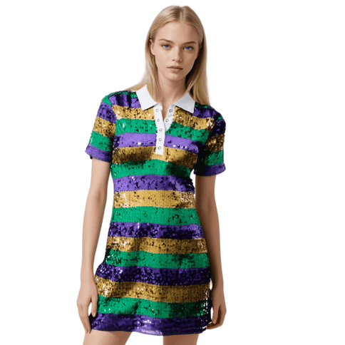 Mardi Gras Sequin Striped Polo Dress - Mardi Gras Apparel - Adult, Dress, Ladies - Dress