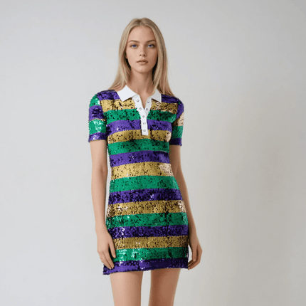 Mardi Gras Sequin Striped Polo Dress - Mardi Gras Apparel - Adult, Dress, Ladies - Dress