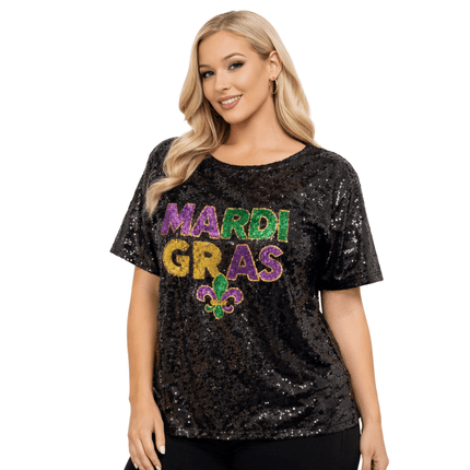 Mardi Gras Sequin Tee Black w/ Fleur - de - Lis - Mardi Gras Apparel - Adult, Black, Fleur de Lis - Sequin Tops