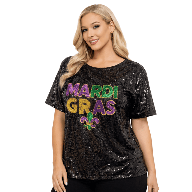 Mardi Gras Sequin Tee Black w/ Fleur - de - Lis - Mardi Gras Apparel - Adult, Black, Fleur de Lis - Sequin Tops