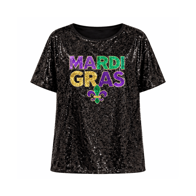 Mardi Gras Sequin Tee Black w/ Fleur - de - Lis - Mardi Gras Apparel - Adult, Black, Fleur de Lis - Sequin Tops