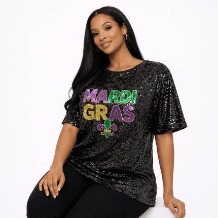 Mardi Gras Sequin Tee Black w/ Fleur - de - Lis - Mardi Gras Apparel - Adult, Black, Fleur de Lis - Sequin Tops