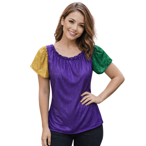 Mardi Gras Sequin Tee Purple Top with Green & Gold Sleeves - Mardi Gras Apparel - Adult, Black, Fleur de Lis - Sequin Tops