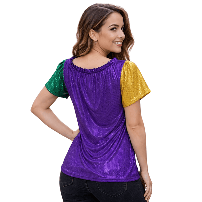 Mardi Gras Sequin Tee Purple Top with Green & Gold Sleeves - Mardi Gras Apparel - Adult, Black, Fleur de Lis - Sequin Tops
