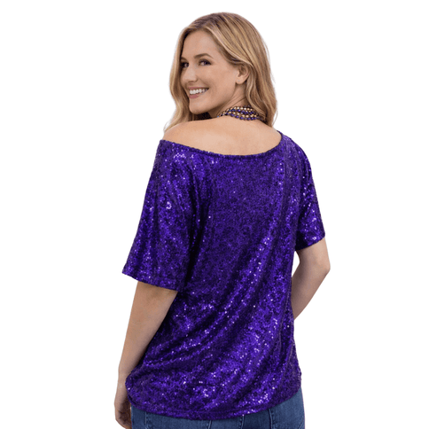 Mardi Gras Sequin Tee Purple w/ Fleur - de - Lis - Mardi Gras Apparel - Adult, Black, Fleur de Lis - Sequin Tops