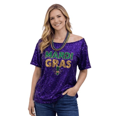 Mardi Gras Sequin Tee Purple w/ Fleur - de - Lis - Mardi Gras Apparel - Adult, Black, Fleur de Lis - Sequin Tops