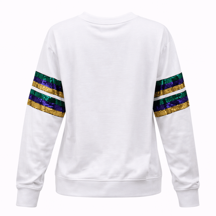 Mardi Gras Sequin Tee White Long Sleeve Festive Shirt - Mardi Gras Apparel - Adult, apparel discount tier, Block Letters - Sweatshirt